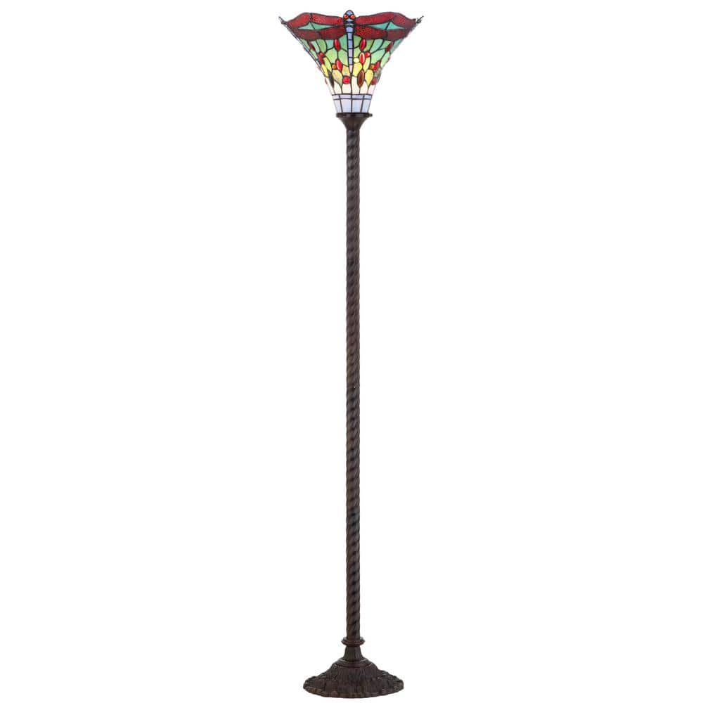 Dragonfly Tiffany-Style 71" Bronze Stained Glass Torchiere Lamp