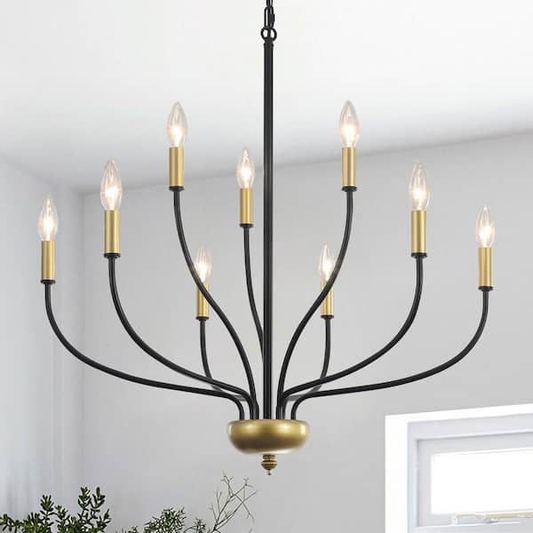 9-Light Modern Black and Gold Candle Chandelier Light Fixture for Kitchen Island