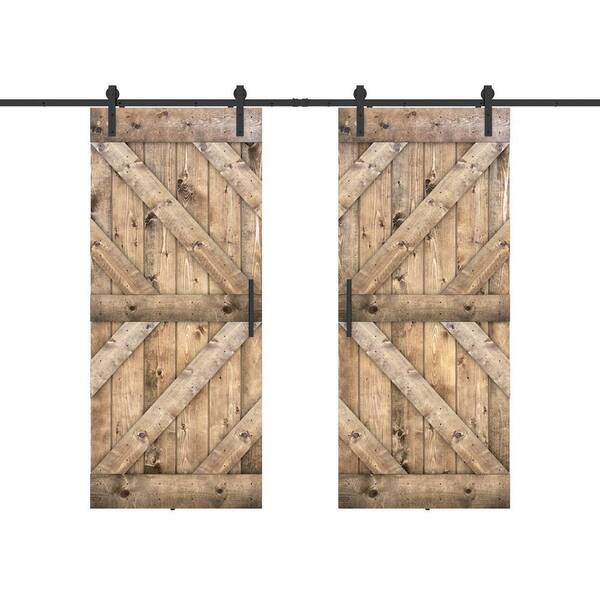 Dessliy Triple KR 48 in. x 84 in. Dark Walnut Finished Pine Wood Sliding Barn Door with Hardware Kit (DIY)