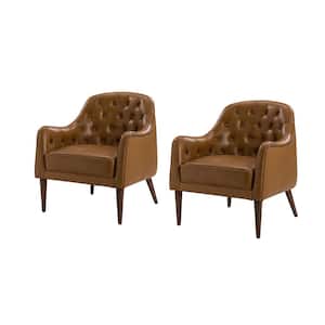 Clara 28. in. Wide Classic Style Camel Genuine Leather Barrel Chair with Tufted Back and Solid Wood Legs Set of 2