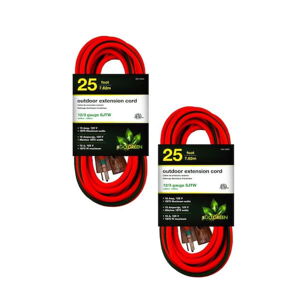 25 ft. 12/3 SJTW Outdoor Extension Cord - Orange with Green Lighted End (2-Pack)