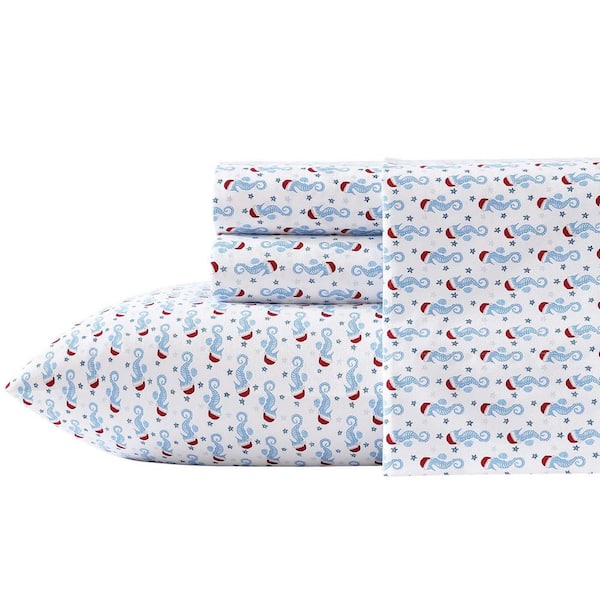 Nautica Holiday Seahorse 4 Piece Blue Poly-Flannel King Sheet Set
