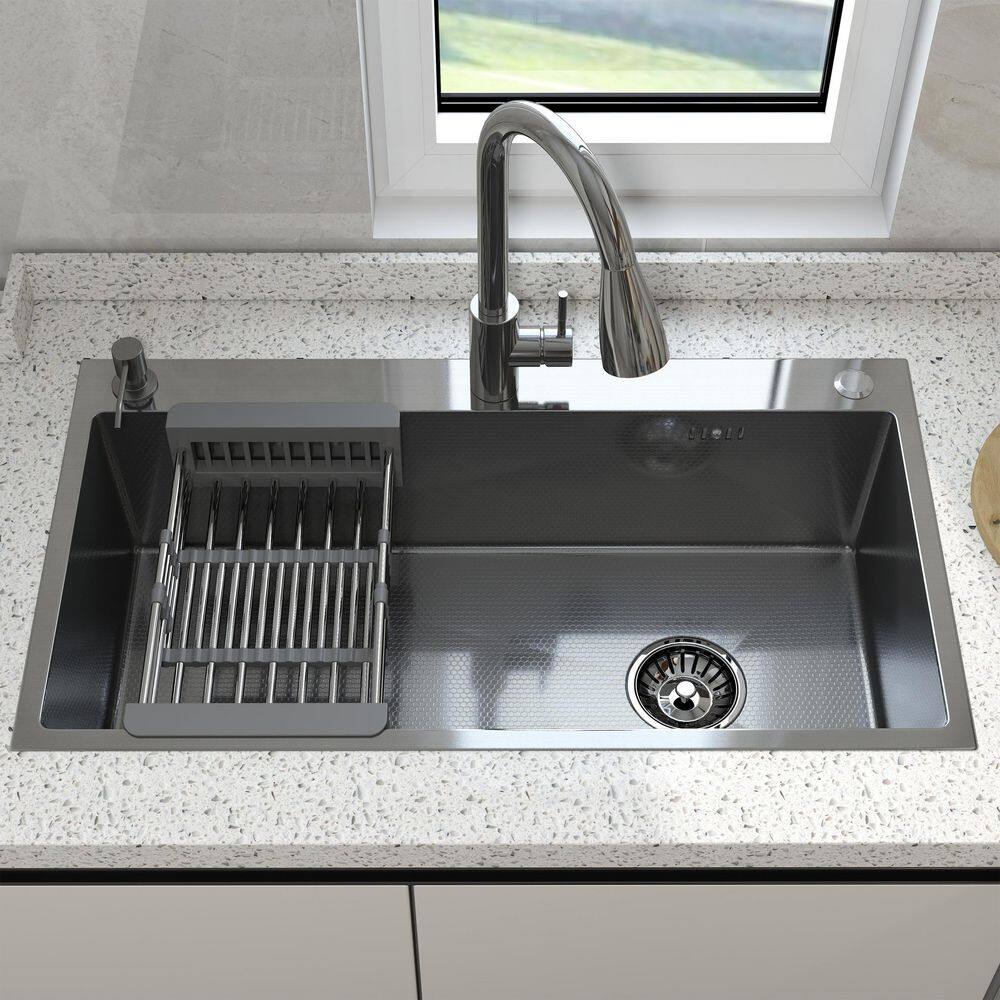 28 in. Drop-In/Undermount Single Bowl 16 Gauge Silver Stainless Steel Kitchen Sink with Faucet and Soap Dispenser