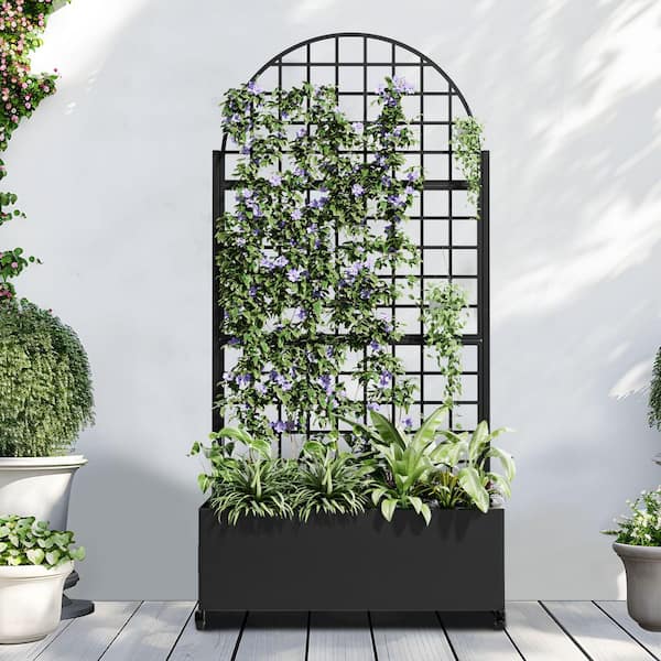 71 in. x 35 in. Black Outdoor Metal Privacy Screen Planter Box Wall Decor