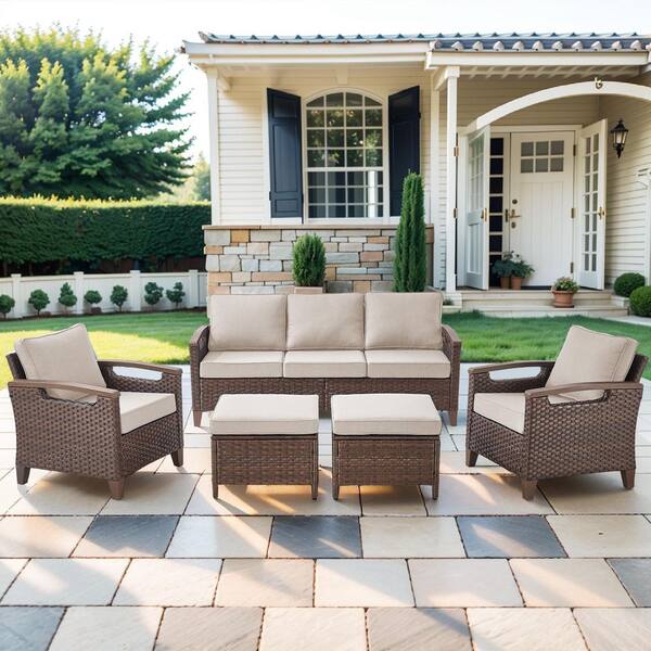 Kelsey 5-Piece Brown Wicker Patio Sofa Seating Set with Ottomans and Beige Cushions