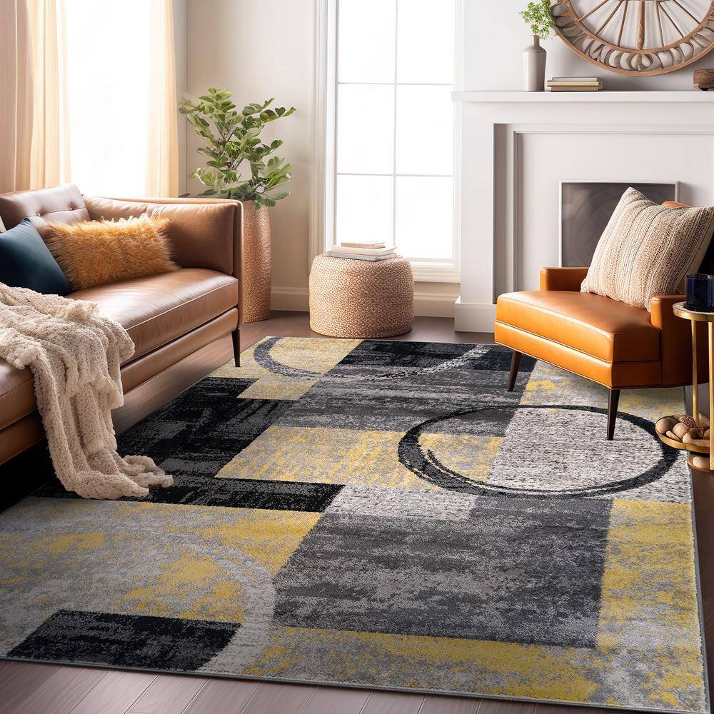 Yellow and Gray Abstract Geometric Area Rug, 7'10" x 10'2"