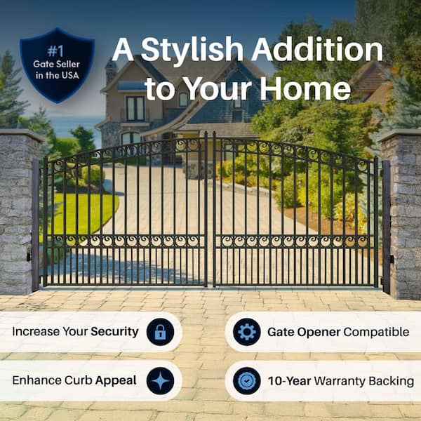 Paris Style 16 ft. x 6 ft. Black Steel Dual Driveway Fence Gate