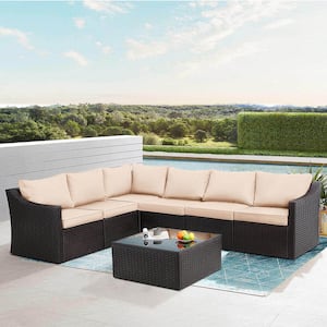 Cesician 7 Pieces Wicker Outdoor 6-Person Sectional Sofa Set Patio Conversation Set with Khaki Cushion & Coffee Table