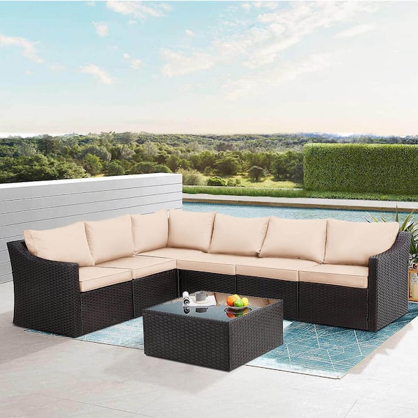 Cesicia Cesician 7-Pieces Wicker Outdoor 6-Person Sectional Sofa Set Patio Conversation Set with Khaki Cushion and Coffee Table