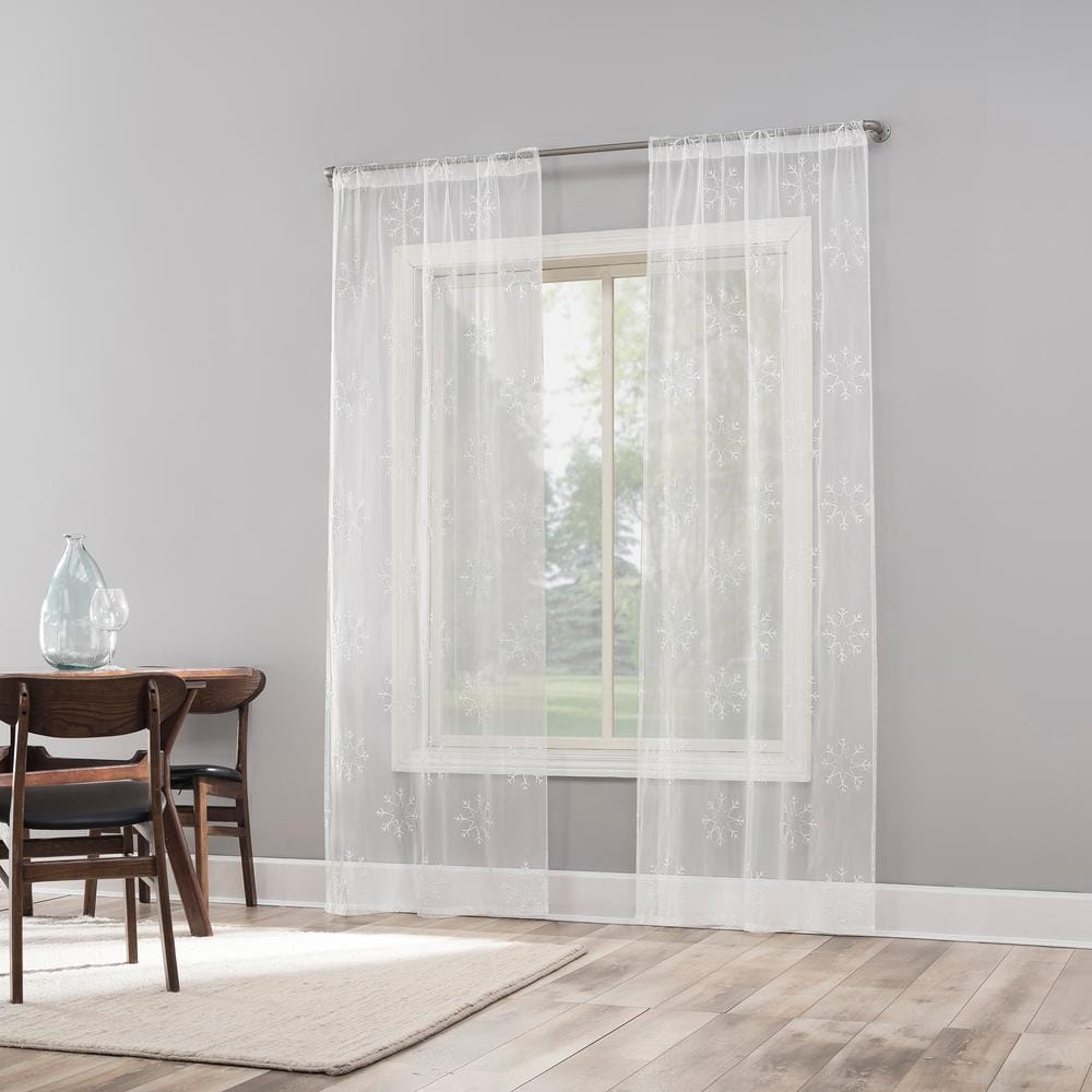White Sheer Snowflake Embroidery Rod Pocket Curtain Panel 36" x 63"