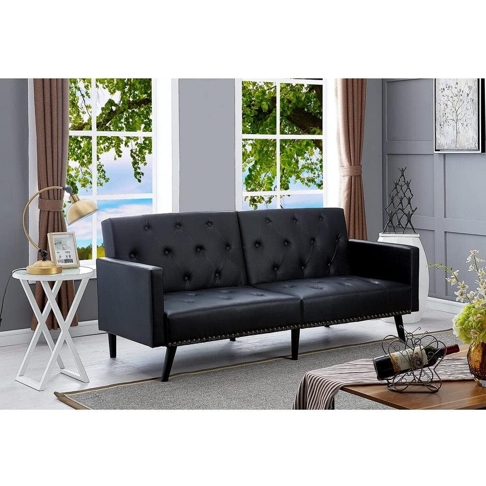 HOMESTOCK Black, Faux Leather Tufted Split Back Futon Sofa Bed, Folding ...