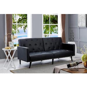 Black, Faux Leather Tufted Split Back Futon Sofa Bed, Folding Convertible Couch, Futon Convertible Sofa Bed