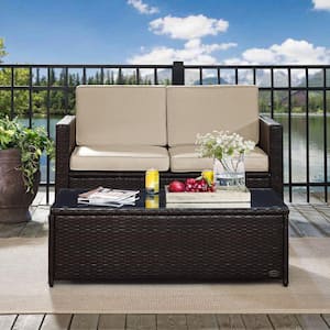 Palm Harbor 2-Piece Wicker Outdoor Seating Set with Sand Cushions - Loveseat and Glass Top Table
