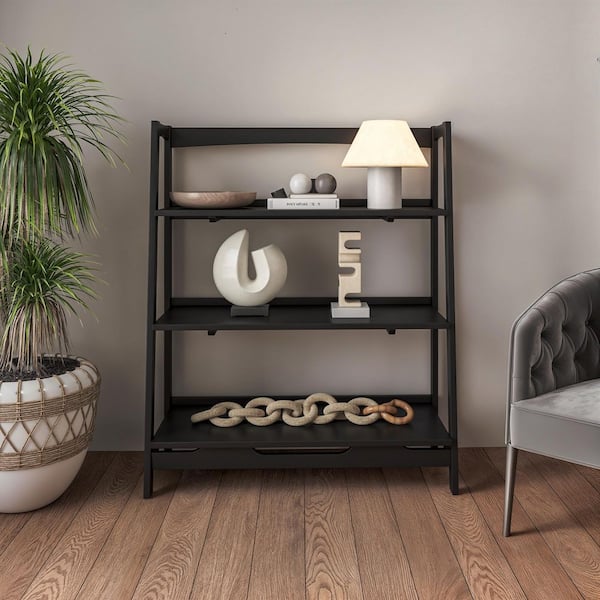 Mid Century Modern 43.5 in Tall  Black Solid Wood 3 Shelf Open Bookcase