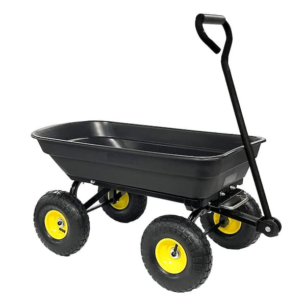 Zeus & Ruta Black 4 cu. ft. Metal Garden Cart Outdoor Wagon with 10 in. Pneumatic Tires Garden Dump Cart
