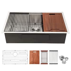 30 in. Undermount Single Bowl Workstation 16-Gauge Stainless Steel Kitchen Sink with Strainer and Cutting Board