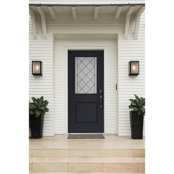 36 in. x 80 in. Left-Hand 1/2 Lite Harris Decorative Glass Black Painted Fiberglass Prehung Front Door with Brickmould