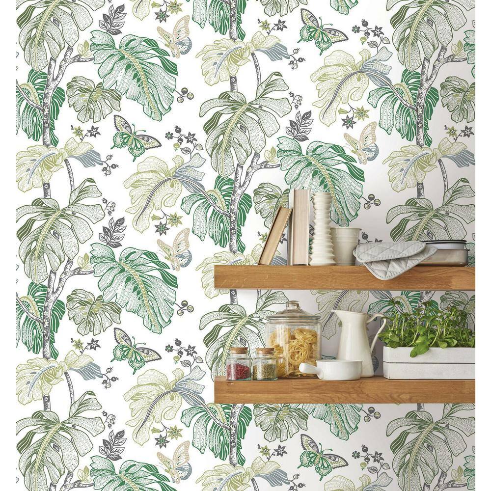 Green and Grey Boho Palm Peel and Stick Wallpaper Roll