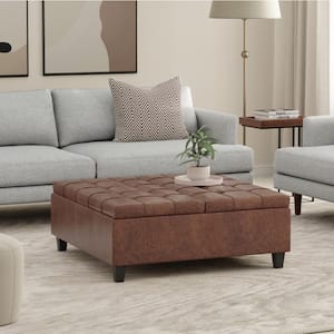 Harrison Distressed Saddle Brown Large Square Coffee Table Storage Ottoman