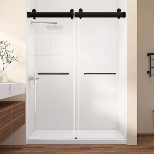 Gst 56-60 in. W x 79 in. H Frameless Double Sliding Shower Door with Soft Close in Matte Black 3/8 in. Tempered Glass