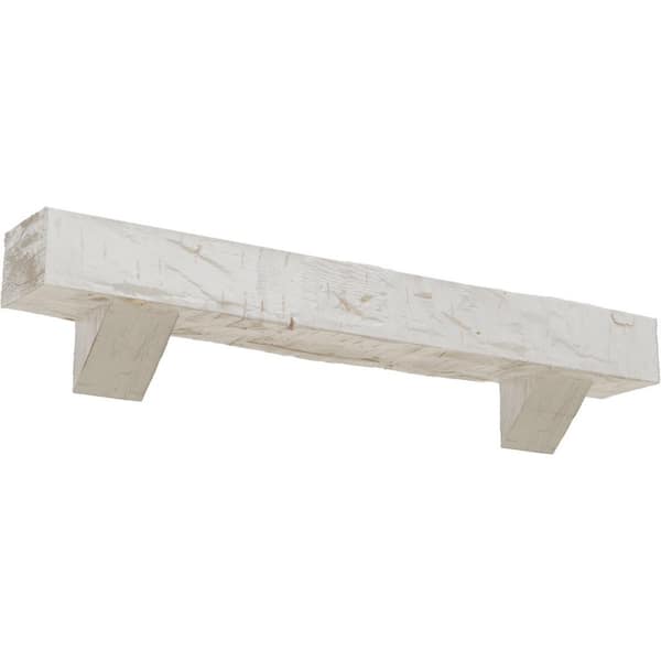 Ekena Millwork 4 in. x 8 in. x 7 ft. Hand Hewn Faux Wood Fireplace Mantel Kit with Breckinridge Corbels, Factory Prepped Ready to Paint