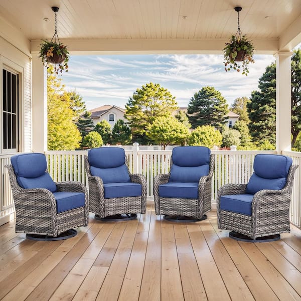 MoonLuxe Gray Swivel Glider Wicker Outdoor Rocking Chair with Blue Olefin 6 In. Thick Cushions (4-Piece)