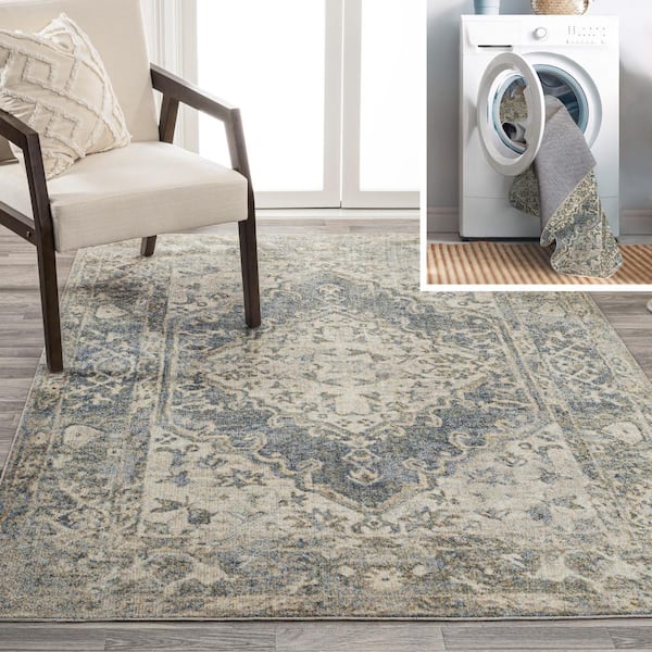 JONATHAN Y Pavel Blue/Cream 3 ft. x 5 ft. Distressed Medallion Low-Pile Machine-Washable Area Rug