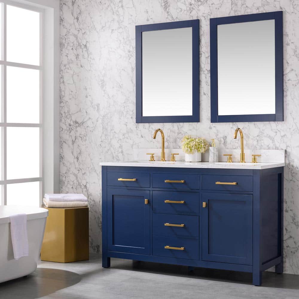 Navy Blue Double Freestanding Bathroom Vanity with Gold Hardware