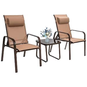 Brown 3-Piece Metal Outdoor Bistro Set with Adjustable Backrest and Coffee Pillows