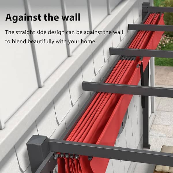 9.5 ft. W x 13 ft. D Modern Gray Aluminum Against The Wall Design Pergola with Red Adjustable Sunshade Canopy for Deck