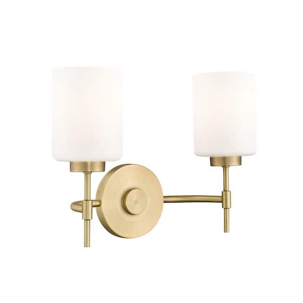 Keylee 15.5 in. 2-Light Vintage Brass Vanity Light with Glossy Opal White Glass