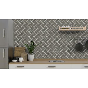 Champagne Bevel Herringbone 13 in. x 11 in. Glossy Glass Patterned Look Wall Tile (10.6 sq. ft./Case)