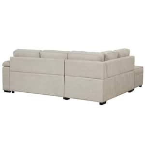 87.40 in. Straight Arm Velvet L-Shaped Sofa in Beige with Storage Ottoman, Sofa Bed