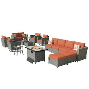 Bexley Gray 16-Piece Wicker Rectangle Fire Pit Patio Conversation Set with Orange Red Cushions and Swivel Chairs