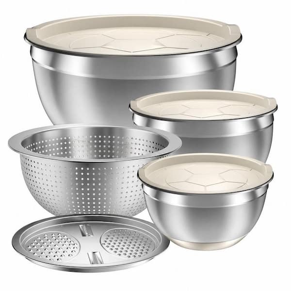 Stainless Steel Mixing Bowls with Airtight Lids, 3 Metal Nesting Bowls, Colander and Grater, Non-Slip Bottom, Multicolor