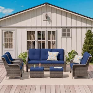 6-Piece Steel Outdoor Patio Conversation Seating Set Backyard Garden with Blue Cushions