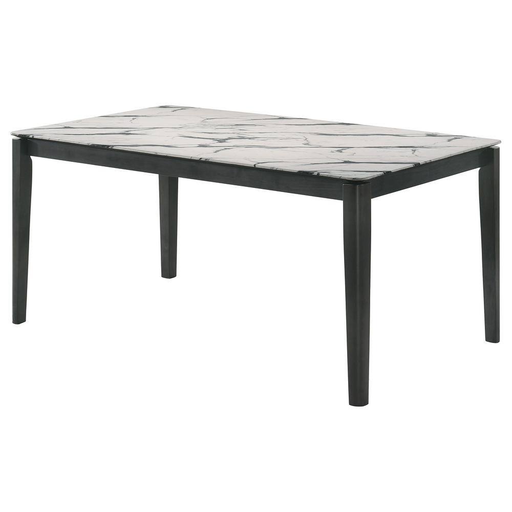 White Faux Marble Top Rectangular Dining Table with Black Legs