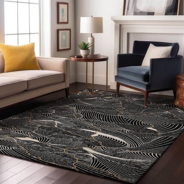 Mayfield Premium Machine Washable Abstract AMF1048 Black 9 ft. x 12 ft. Area Rug