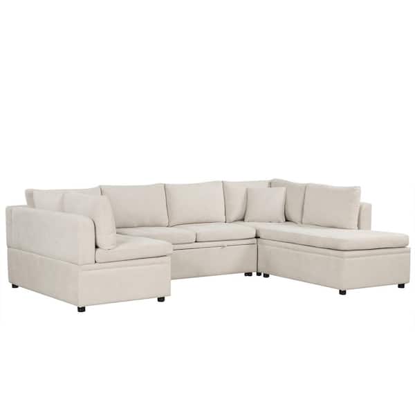 117.3 in. Square Arm Chenille U-Shaped Sectional Sofa in Beige with Pull-Out Sofa Bed and 2 Throw Pillows