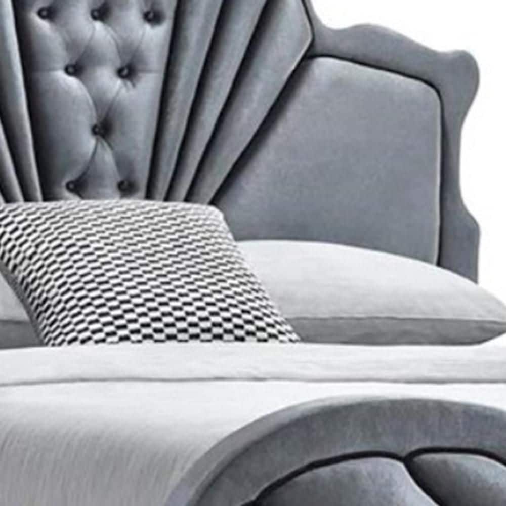 Gray Velvet Queen Platform Bed with Tufted Headboard and Storage Drawer