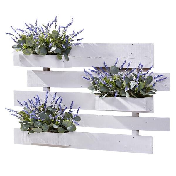 D&W Silks Indoor Artificial Lavender And Eucalyptus In White Wooden Slat Wall Hanging
