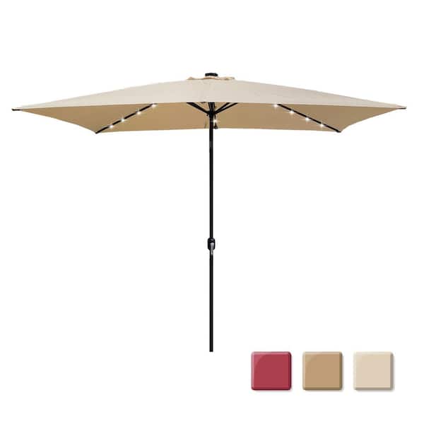 Tatayosi 10 ft. Rectangular Outdoor Market Solar 26 LED Lighted Patio Umbrella with Crank and 6 Sturdy Ribs in Tan