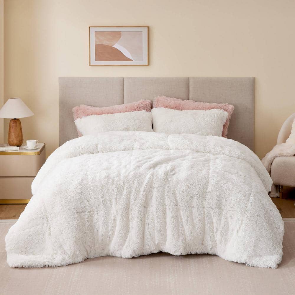 Full White Shaggy Faux Fur Comforter Set