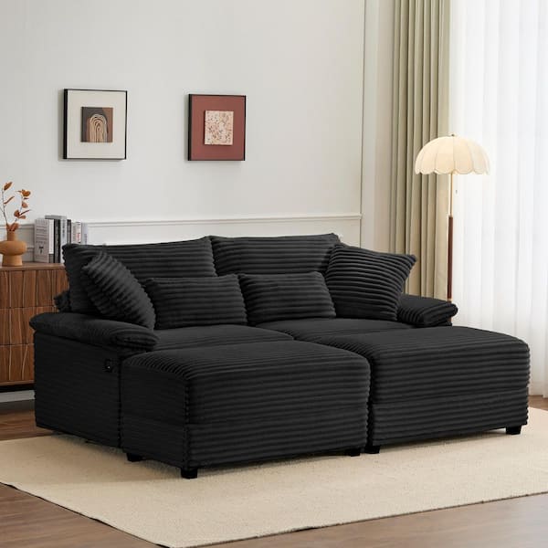 Trix Black Corduroy Upholstered Double Chaise Lounge with Storage Ottomans, USB Port