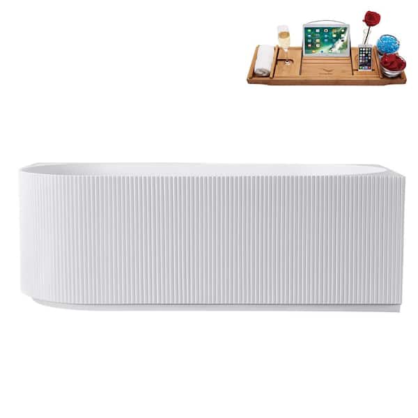Streamline 59 in. x 30 in. Acrylic Freestanding Soaking Bathtub in Glossy White with Polished Chrome Drain, Bamboo Tray