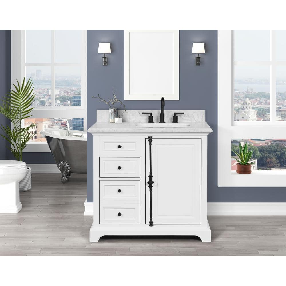 Home Decorators Collection Loda 37 In W X 22 In D X 3450 In H Bath Vanity In White With Marble Vanity Top In White With White Basin Th0085 The Home Depot Home Decorators Collection Loda 37 In W X 22 In D X 3450 In H Bath Vanity In White With Marble Vanity Top In White With White Basin Th0085 The Home Depot