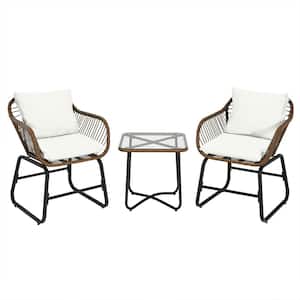 3-Piece Wicker Outdoor Bistro Set with White Cushions