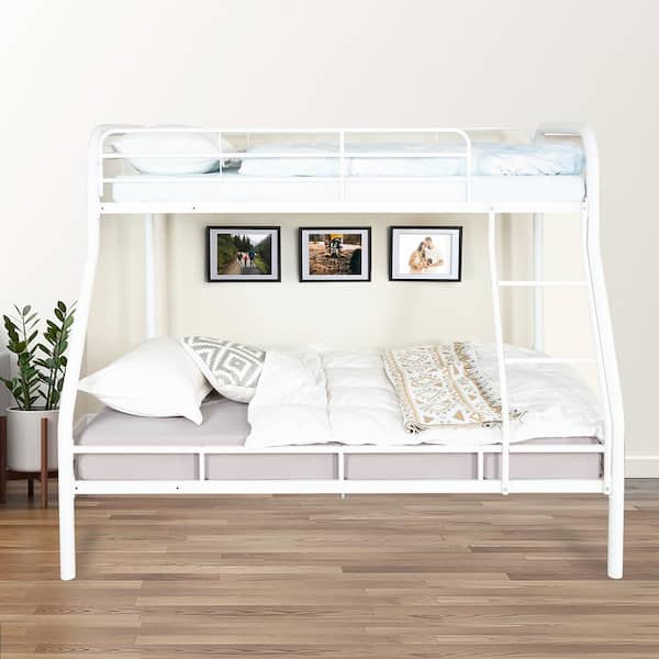 Sleek White Metal Bunk Bed-Twin Over Full, Bunk Sized Bed with Safety Rails and Ladder