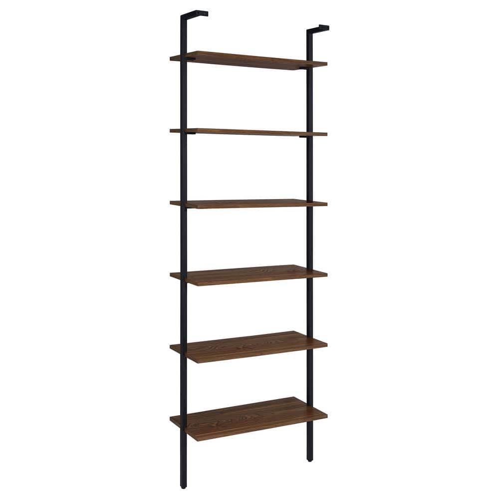 Walnut and Black 31-Inch 6-Shelf Wall Bookshelf