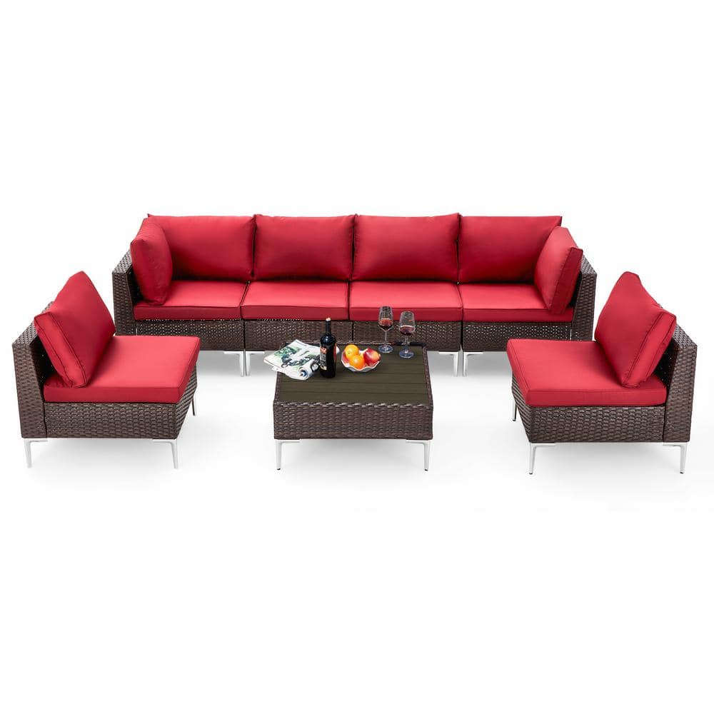 7-Piece Wicker Patio Conversation Set with Red Cushions